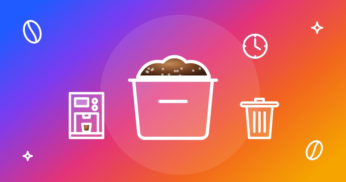 Illustration: a container full of coffee grounds, a bean-to-cup coffee machine, a trash bin with a lid, and a clock