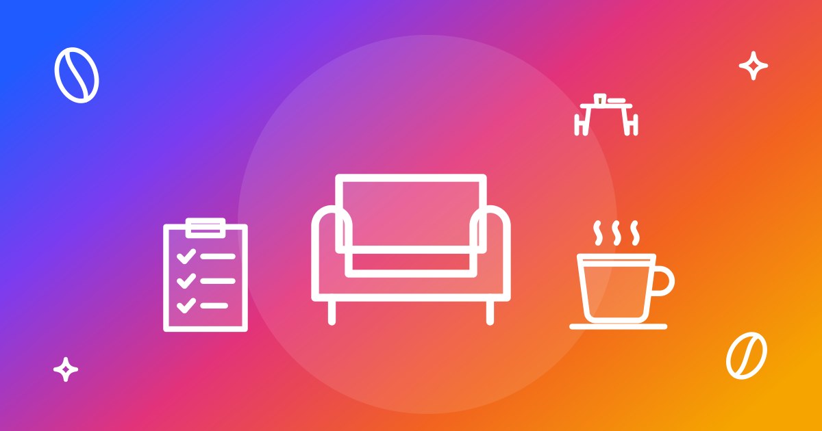 Illustration: a break room sofa, a checklist, a coffee mug, and a small table with chairs